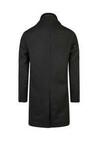 Cappotto di lana nera con colletto alto, design aderente, maniche lunghe e retro diritto. Presenta cuciture sottili e dettagli con bottoni.
