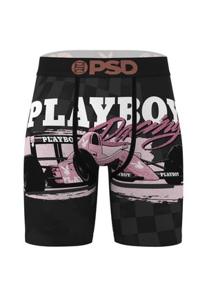 Schwarze Boxer-Shorts mit einer rosa Rennwagen-Grafik und dem Schriftzug "PLAYBOY". Das Design umfasst karierten Mustern und kontrastierende Texturen.