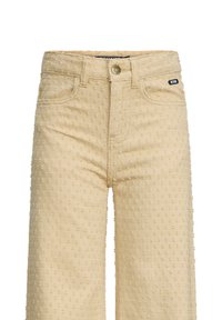 Pantaloni in corduroy giallo con un motivo a punto testurizzato, vita alta, cinque tasche e chiusura con bottone frontale.