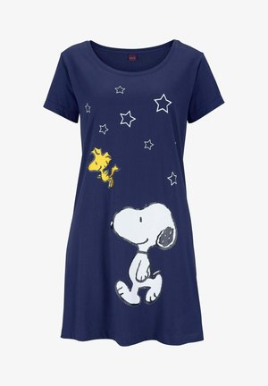 Navy cotton T-shirt dress featuring Snoopy and Woodstock graphics with white outlines and yellow accents, surrounded by white stars.