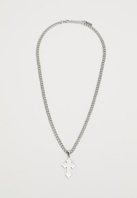Silver chain necklace featuring a thick, interlocking design with a prominent cross pendant. The pendant has a sharp, angular shape.