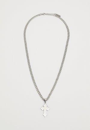Silver chain necklace featuring a thick, interlocking design with a prominent cross pendant. The pendant has a sharp, angular shape.