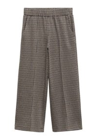 Hnědé a černé kostičkované široké kalhoty s elastickým pasem, bočními kapsami a hladkým povrchem, navržené pro pohodlí a snadné nošení.