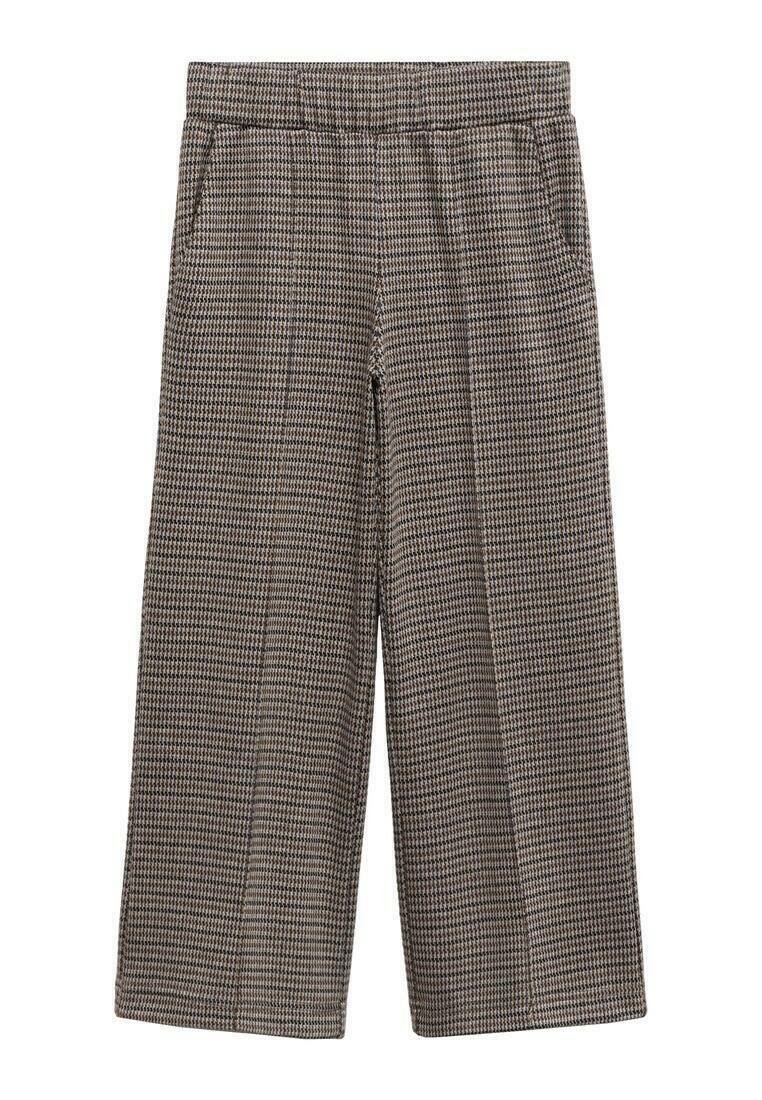 Hnědé a černé kostičkované široké kalhoty s elastickým pasem, bočními kapsami a hladkým povrchem, navržené pro pohodlí a snadné nošení.
