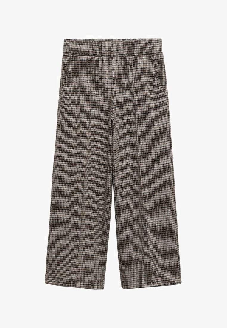 Hnědé a černé kostičkované široké kalhoty s elastickým pasem, bočními kapsami a hladkým povrchem, navržené pro pohodlí a snadné nošení.