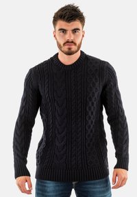 Suéter de punto trenzado azul marino con cuello redondo, puños y dobladillo acanalados, que presenta patrones texturizados en relieve en toda la prenda. Corte clásico.