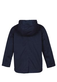 Granatowa bluza z kapturem wykonana z bawełny, o luźnym kroju, z prostym fasonem, długimi rękawami i bocznymi kieszeniami.