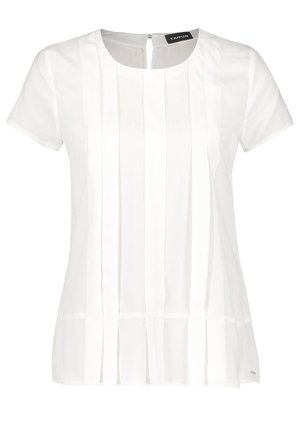 Weiße Kurzarmbluse mit vertikalen Falten vorne, rundem Ausschnitt, Reißverschluss hinten und dezentem Markenetikett nahe am Saum.