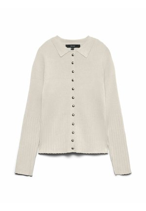 Ribbed knit sweater in off-white with a collared neckline and front button detail featuring dark buttons. Long sleeves, cropped length.