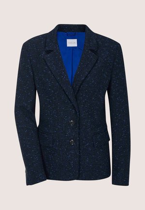 Donkerblauwe damesblazer met subtiele blauwe spikkels, twee zwarte knopen, inkeping revers, klepzakken en een felblauwe binnenvoering.