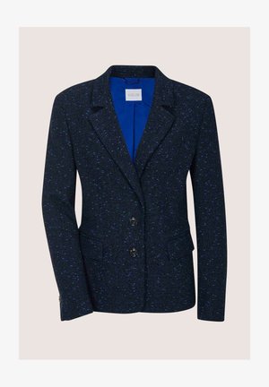 Donkerblauwe damesblazer met subtiele blauwe spikkels, twee zwarte knopen, inkeping revers, klepzakken en een felblauwe binnenvoering.