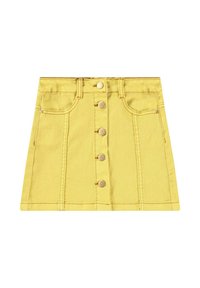 Geel denim minirok met knoopsluiting aan de voorkant, twee zakken en contrasterende stiksels. Glad textuur met een getailleerde pasvorm.