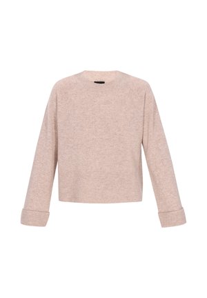 Beige lyhytneuleinen neule, joka on valmistettu pehmeästä kankaasta. Siinä on pyöreä kaula-aukko, pitkät raglan-hihat sekä resorit hihansuissa ja helmassa.