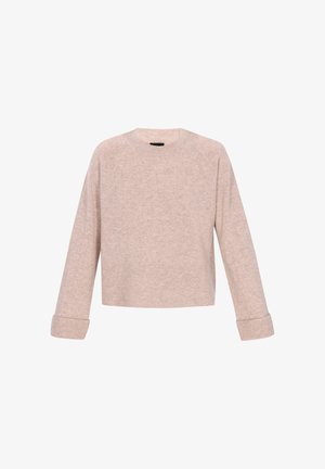 Beige lyhytneuleinen neule, joka on valmistettu pehmeästä kankaasta. Siinä on pyöreä kaula-aukko, pitkät raglan-hihat sekä resorit hihansuissa ja helmassa.