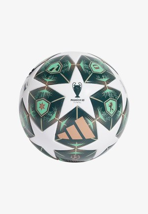 Adidas soccer ball featuring a white base, green hexagonal patterns, and gold accents. Displays UEFA and "Munich 25 Final" branding.