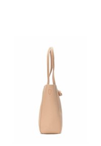 Bolso tote de cuero beige con doble asa superior, forma rectangular, textura suave y un diseño minimalista. Sin acentos de hardware visibles.