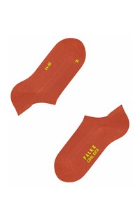 Knöchellange Socken aus leuchtend orangefarbenem Strick mit strukturierten Akzenten. Verfügt über gelbe Kennzeichnung und Größenmarker auf der Socke. Glatte Oberfläche.