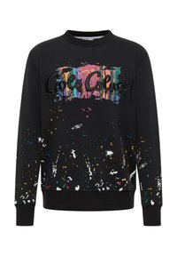 Černá mikina s barevným vzorem postříkání barvou, s vyšívaným textovým detailem, kulatým výstřihem a žebrovanými manžetami na rukávech a lemu.