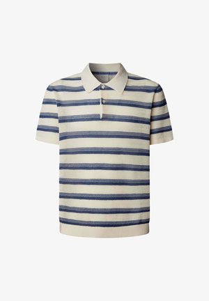 Lühikeste varrukatega polo särk kreemika aluse ja horisontaalsete tekstuursete tumelõivade triipudega, millel on kahe-nupuline plastron ja klassikaline krae.