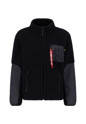 Black fleece jacket with a zip front, high collar, and black nylon sleeves. Features a chest pocket with a red tag and two side pockets.