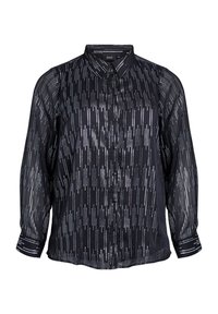 Blusa nera trasparente con chiusura a bottoni sul davanti e motivi a righe verticali argentate. Maniche lunghe con dettagli ai polsini. Tessuto leggero.