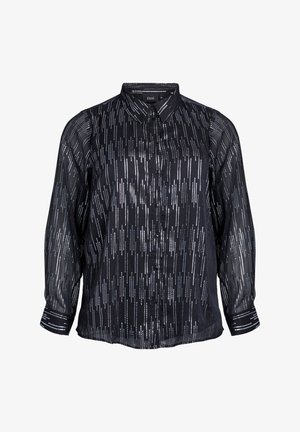 Crna prozirna bluza s gumbima sprijeda, ukrašena vertikalnim srebrnim prugama. Dugi rukavi s manžetama. Lagana tkanina.