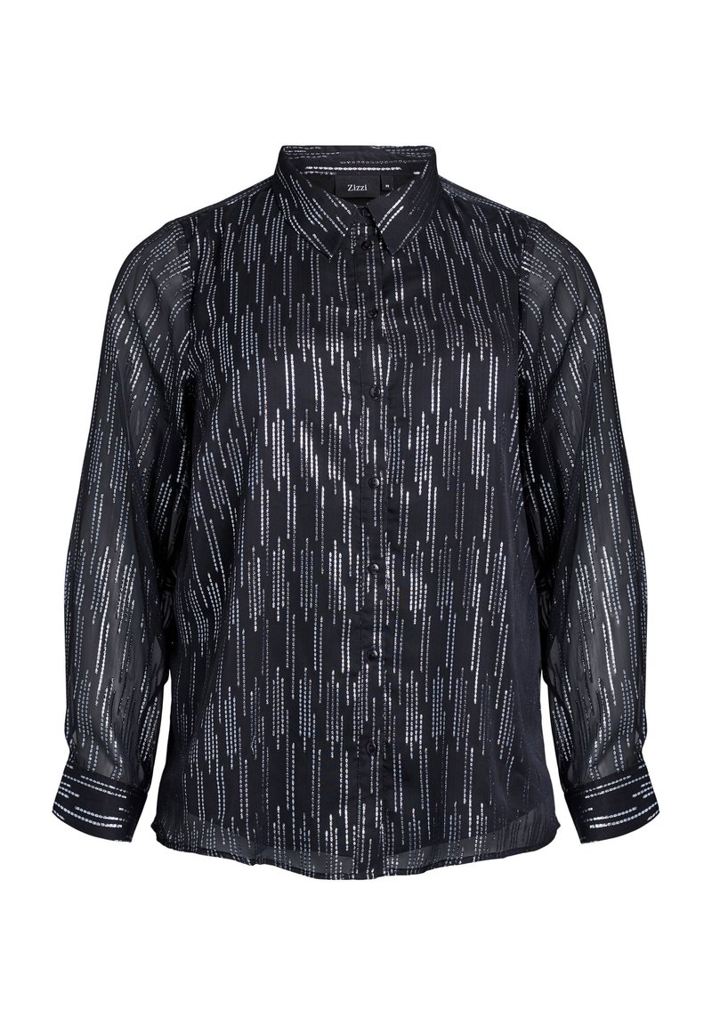 Must mustvärviline bluus, millel on nööpidega esiosa ja vertikaalsed hõbedased triibud. Pika varrukaga ja mansetiga detailid. Kerge kangas.