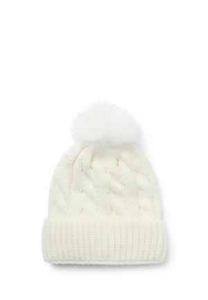 Cappello beanie bianco lavorato a maglia con un design a treccia testurizzato, caratterizzato da un risvolto a coste e un soffice pom-pom sulla cima. Materiale morbido.