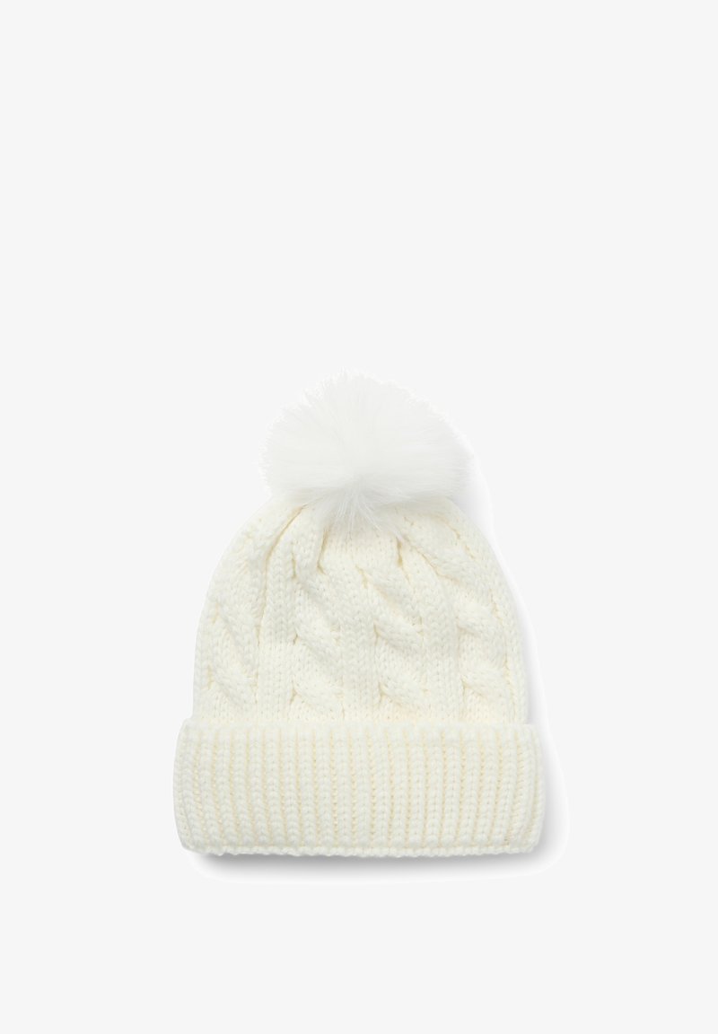 Cappello beanie bianco lavorato a maglia con un design a treccia testurizzato, caratterizzato da un risvolto a coste e un soffice pom-pom sulla cima. Materiale morbido.