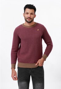 Maroon pleta s uzorkom riblje kosti, rebrasti smeđi okrugli dekolte i manžetne, s malim zlatnim logotipom na prsima.