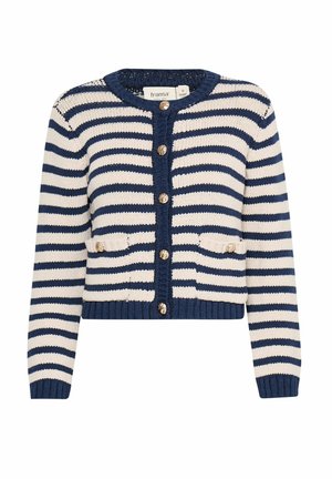 Cardigan a rayas en navy y crema, con un escote redondo, cierre de botones y dos bolsillos frontales con acentos de botón dorado.