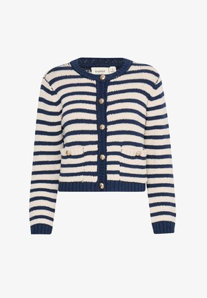 Csíkozott kardigán sötétkék és krémszínű kombinációban, kerek nyakkivágással, gombos záródással, és két elülső zsebbel, arany gomb kiemelésekkel.