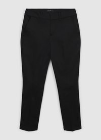 Pantaloni neri sartoriali con una finitura del tessuto liscia, caratterizzati da una gamba dritta, tasche laterali e una parte anteriore piatta. Nessun motivo o accento visibile.