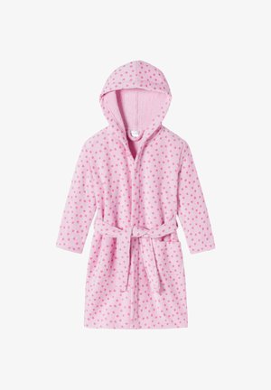 Rosa Kapuzen-Bademantel aus weichem, kuscheligem Material mit einem gepunkteten Muster, mit Gürtel in der Taille und seitlichen Taschen. Lange Ärmel und mittellanges Design.
