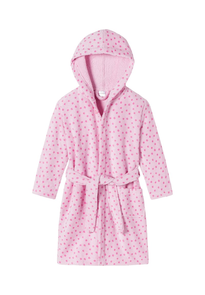 Rosa badrock med huva, gjord av mjukt och fluffigt material med prickigt mönster, knyt i midjan och sidofickor. Långa ärmar och mittlång design.