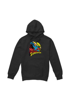Black hoodie featuring colorful Superman graphic in flying pose with red cape and yellow circular background and "SUPERMAN" text below.