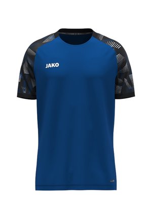 Blue sports shirt with black patterned sleeves and white JAKO logo on the left chest, round neck, and short sleeves.