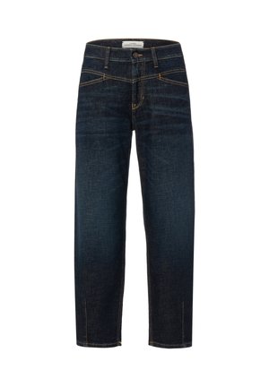 Donkerblauwe spijkerbroek met een rechte pijp, voorzien van klassieke vijfzakken en gele stikaccenten.