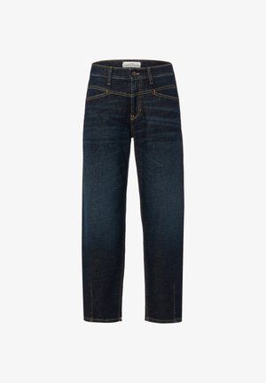 Donkerblauwe spijkerbroek met een rechte pijp, voorzien van klassieke vijfzakken en gele stikaccenten.