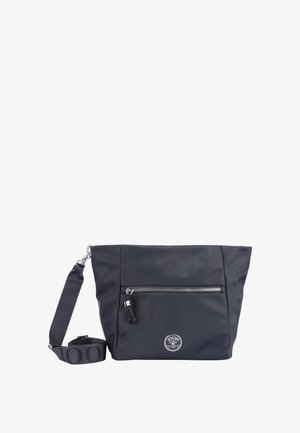 Borsa a spalla di un blu navy scuro realizzata in nylon liscio. Presenta una tasca frontale con zip, una patch del logo e una tracolla regolabile con finitura in tessuto.