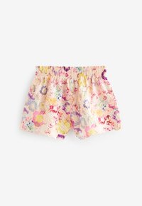 Blommönstrade shorts i pastellfärger av rosa, gult och lila, med ett texturerat tyg och ett elastiskt midjeband med vågiga kanter.