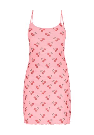 Rožinė be rankovių suknelė su vyšnių raštu, kurioje yra mažų raudonų vyšnių ant žalių kotelių. Pagaminta iš minkštos ir elastingos medžiagos.