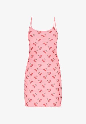 Vaaleanpunainen hihaton mekko, jossa on kirsikkakuosi, jossa pieniä punaisia kirsikoita vihreillä varsilla. Valmistettu pehmeästä ja joustavasta materiaalista.