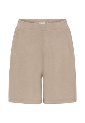 Shorts en coton beige avec ceinture élastique et poches latérales, longueur genou, design uni.
