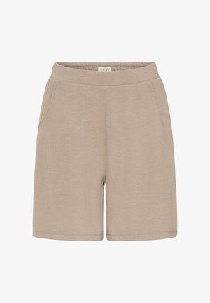Shorts en coton beige avec ceinture élastique et poches latérales, longueur genou, design uni.
