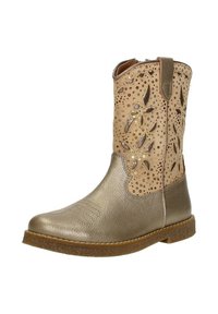 Metalen gouden enkellaars met een gestructureerde neus en een uitgesneden bloempatroon op de schacht, met een gladde afwerking en een lichtbruine zool.