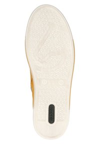 Suela de zapato de goma blanca texturizada, con un patrón hexagonal, una ligera curva y un logo negro de "remonte" cerca del talón.