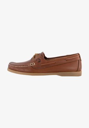 Brown leather boat shoe with a smooth finish, rounded toe, lace-up closure, side ventilation, and rubber sole. Features stitching detail.
