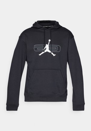 Sweatshirt azul-marinho feito de algodão, com um bolso canguru, capuz com cordão e uma imagem branca de uma silhueta a saltar na frente.