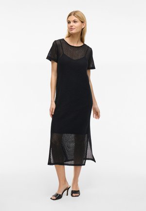 Schwarzes Netzkleid mit lockerem Schnitt, kurzen Ärmeln, rundem Ausschnitt und knielanger Länge. Verfügt über ein strukturiertes Muster und ein durchscheinendes Design.